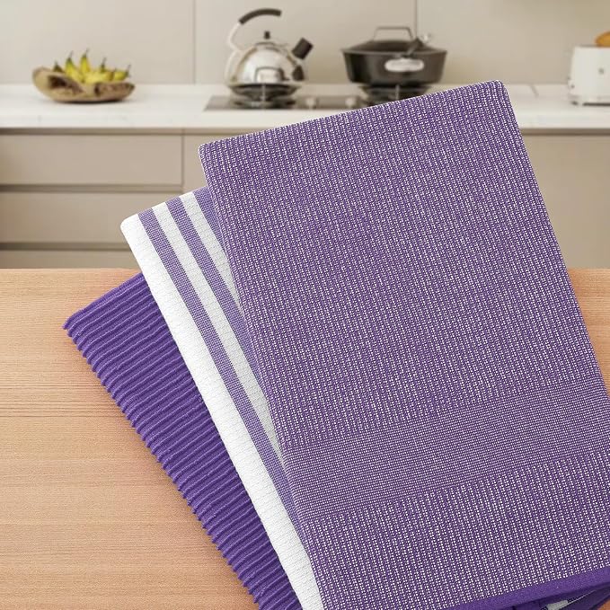 Homaxy Premium Kitchen Towels(18”x 28”, 3 Pack), Large Cotton 380 GSM Kitchen Hand Towels, Soft and Absorbent Terry Dish Towels, Multipurpose Tea Towel Set with Hanging Loop, Purple