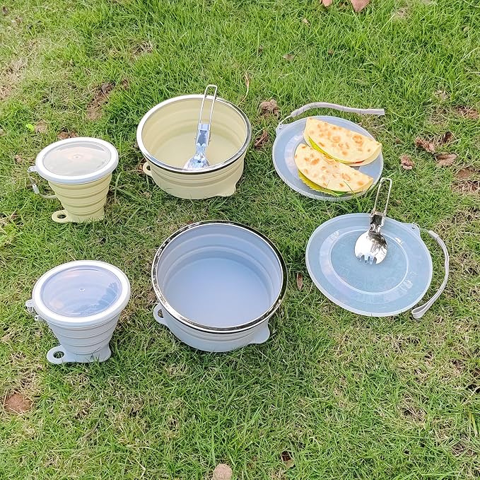 Mess Kit for Camping Silicone Collapsible Bowl Collapsible Cup and Stainless Steel Spoon for Backpacking Outdoor Hiking Traveling and Picnic - 2 Pack