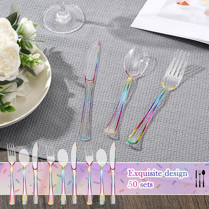 Minatee 150 Pcs Rainbow Plastic Silverware, Clear Disposable Cutlery Set Heavy Duty Utensil Sets 50 Forks 50 Knives 50 Spoons for Birthday Party Home Office School Picnics Restaurant Outdoor Events
