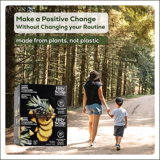 Large Slim Compostable Trash Bags - 8-10 Gallon, 60 Pack | Plastic-Free Tall Kitchen Garbage Bags & Liners with Easy-Tie Handles | Thick Bin Bag Liners for Green & Food Waste