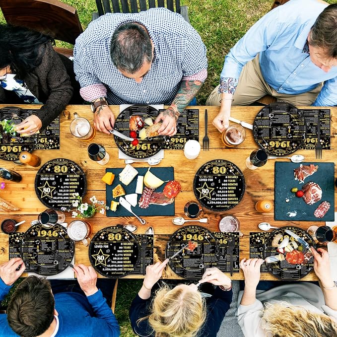96Pcs 80th Birthday Plates and Napkins Back in 1946 Party Decorations Black Gold 80 Year Old Party Dessert Plates 1946 Birthday Tableware for 24 Guests 80th Theme Men Woman Bday Parties Supplies