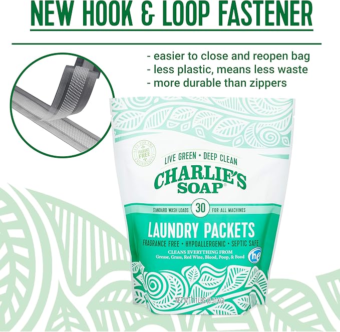 Charlie's Soap - Fragrance Free Laundry Packets - 30 Count (Three 30-count Bags, 90 Total Loads)