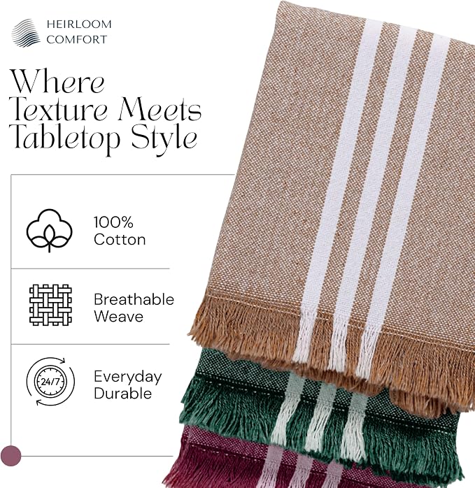 12 Pack Striped Dish Towels with Fringes, 16x26 Inch, 100% Cotton, Ultra Absorbent & Reusable, Quick Drying Kitchen Towels for Cleaning, Cooking, Brown, Forest Green, Burgundy Wine