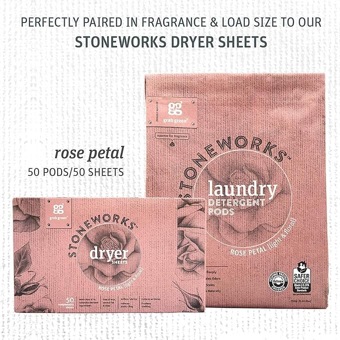 Grab Green Stoneworks Laundry Detergent Pods, 50 Count, Rose Petal | EPA Safer Choice; Plant & Mineral-Based; Fights stains; Eliminates odors; Softens naturally; No Harsh Chemicals