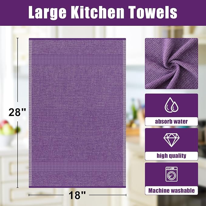 Homaxy Premium Kitchen Towels(18”x 28”, 3 Pack), Large Cotton Kitchen Hand Towels, Flat and Terry Dish Towels, 380 GSM Highly Absorbent Tea Towel Set with Hanging Loop, Purple