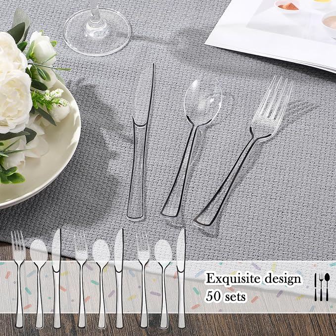 Minatee 150 Pcs Black Plastic Silverware, Clear Disposable Cutlery Set Heavy Duty Utensil Sets 50 Forks 50 Knives 50 Spoons for Birthday Party Home Office School Picnics Restaurant Outdoor Events