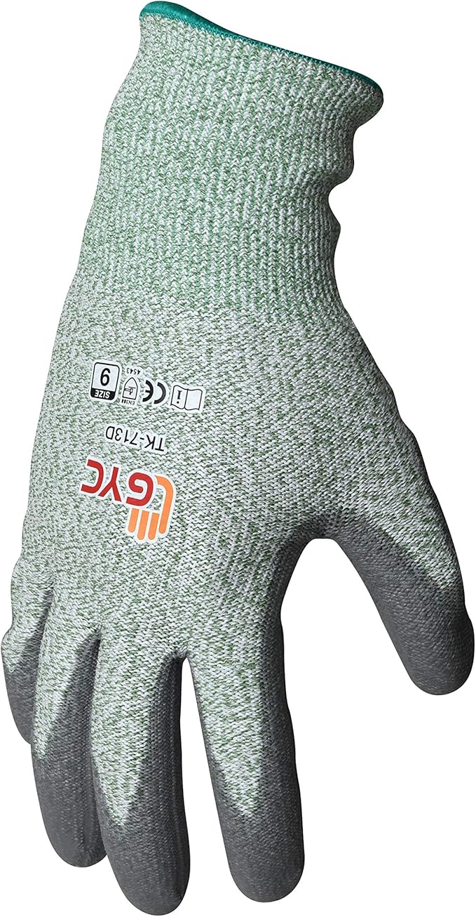 GYC Gloves, Cut Resistant Safety Work Gloves - Level 5 Cut Protection, 10 Pairs Pack - Excellent Dexterity & Breathability, Comfortable Soft PU coated (TK-713D/Size 9 - LARGE)