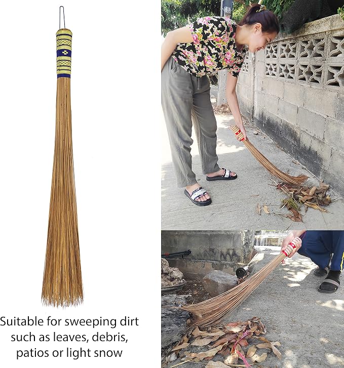 32 inch Multi-Surface Sturdy Outdoor Authentic Coconut Leaf Broom Asian Heavy Duty Broom Thai Natural Coconut Leaf Broom (Country Rustic) 1 Piece