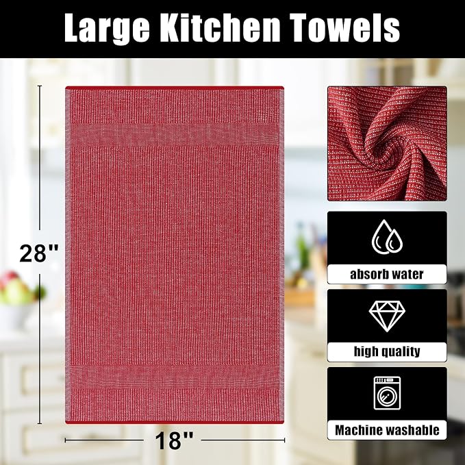 Homaxy Premium Kitchen Towels(18”x 28”, 6 Pack), Large Cotton Kitchen Hand Towels, Flat and Terry Dish Towels, 380 GSM Highly Absorbent Tea Towel Set with Hanging Loop, Red