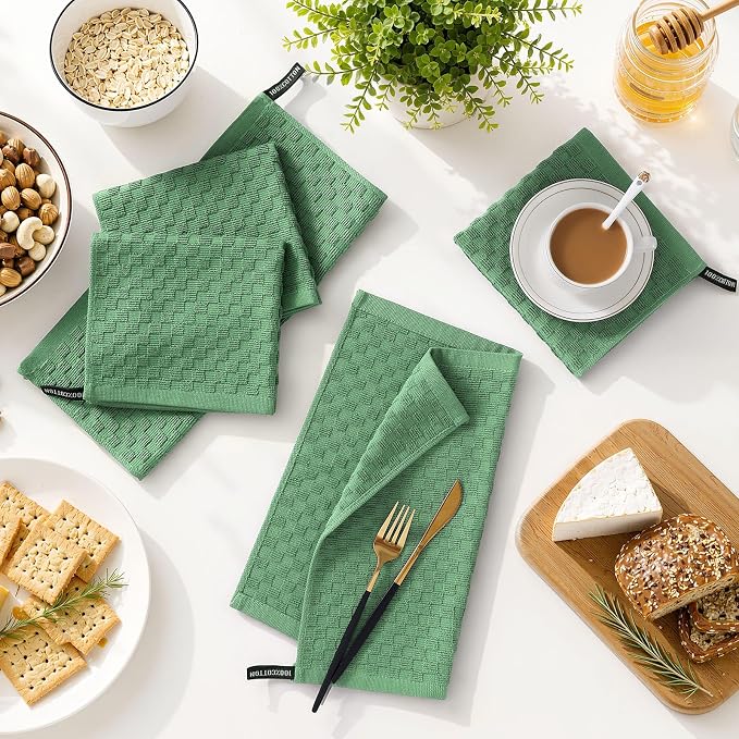 Homaxy 100% Cotton Terry Kitchen Dish Cloths, Ultra Soft Absorbent Dish Towels with Hanging Loop, Pineapple Grid Designed, 12 x 12 Inches, 6-Pack, Grass Green