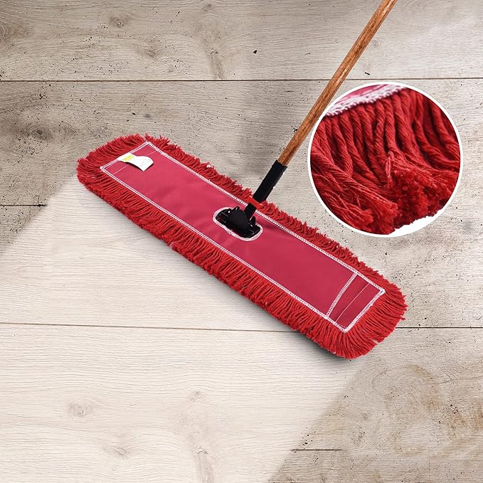 Matthew Cleaning 24'' Industrial Strength Cotton Dust Mop Refill Washable Replacement Heads for Residential & Commercial Use Fit Standard Dust Mop Frames, Hardwood,Concrete Floors Red 12 Pack
