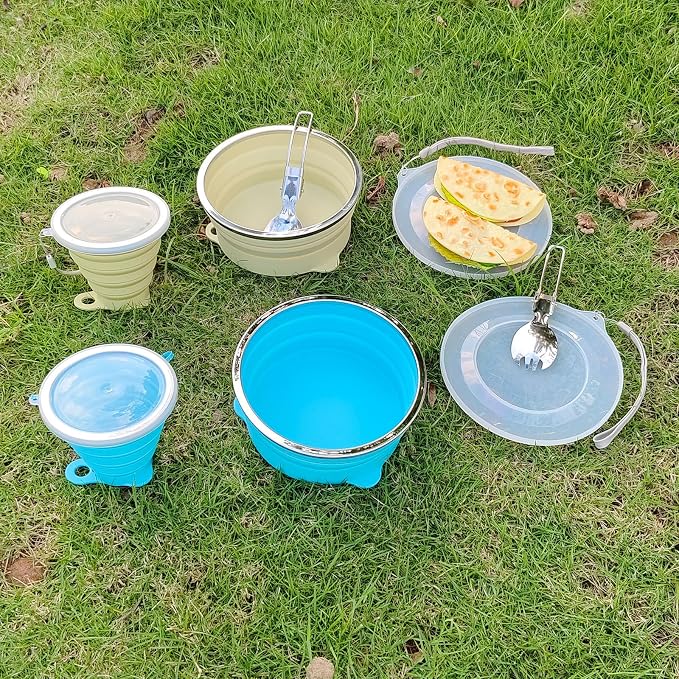 Mess Kit for Camping Silicone Collapsible Bowl Collapsible Cup and Stainless Steel Spoon for Backpacking Outdoor Hiking Traveling and Picnic - 2 Pack
