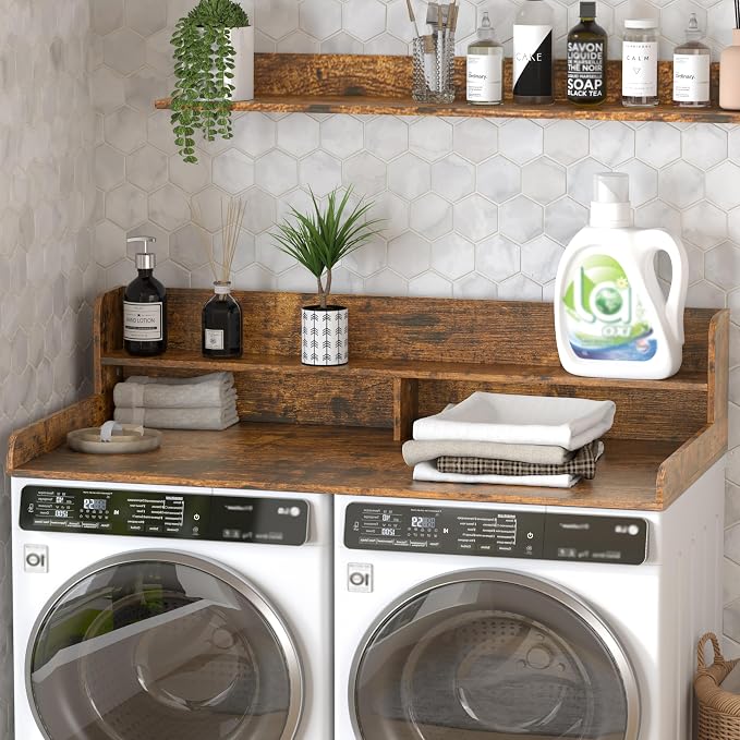 Piskyet Washer Dryer Countertop,2- Tier Laundry Countertop with Edge Rails,27.5" Depth x 54" Wood Countertop,Laundry Machine Topper for Laundry Room Organization and Storage(Rustic Brown)