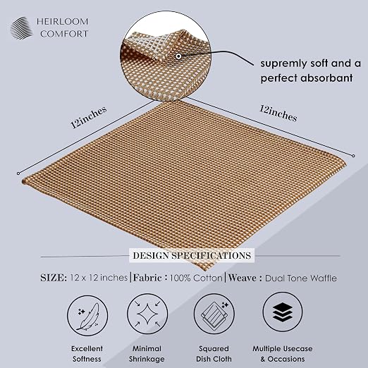 12 Pack Dual Waffle Weave Dish Cloth, 100% Cotton, 12"x12", Super Absorbent, Quick Dry Dishcloth Set, Soft for Cleaning, Drying Dishes, Multi Use, Durable Hand Dish Rag, Brown