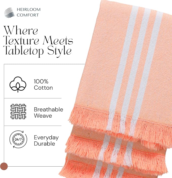 3 Pack Monochrome Stripe Dish Towels with Fringes, 16x26 Inch, 100% Cotton, Ultra Absorbent & Reusable, Quick Drying Kitchen Towels for Cleaning, Cooking, Drying, Easy Care, Orange