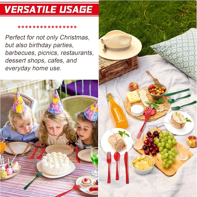 Kochorie 300 Pieces Christmas Plastic Silverware Heavy Duty Plastic Cutlery Set Heavyweight Disposable Flatware Includes Christmas Spoons Forks Knifes for Christmas New Year Party