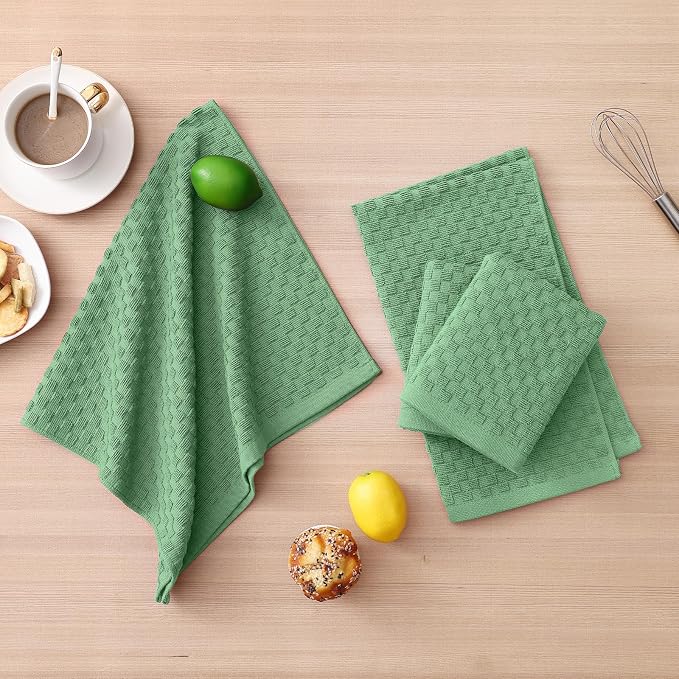 Homaxy 100% Cotton Kitchen Towels and Dishcloths Set, 12 x 12 & 15 x 25 Inches, Set of 10 Bulk Terry Cloth Dish Towels, Super Soft and Absorbent Hand Towel with Hanging Loop, Grass Green