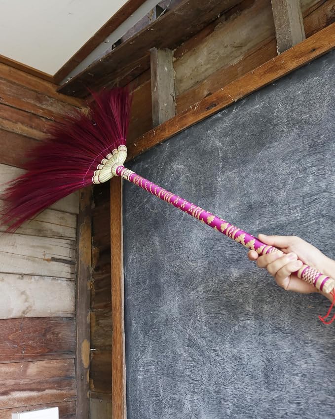 Asian Broom,Natural Grass Thai Broom Vintage Retro Embroidered Woven Nylon, Handmade Broom, Housewarming Gift, Witch Broom,Bamboo Stick Handle, Durable Broom for Indoor & Outdoor 40"