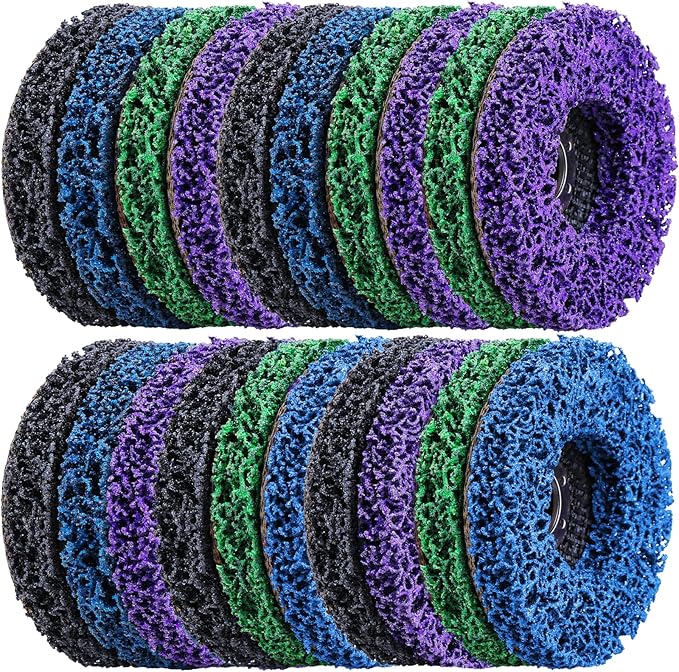 20 Pcs 4" x 5/8" Strip Discs Bulk, Paint Stripping and Rust Removal Wheels for Angle Grinders, Abrasive Grinding Discs for Metal, Wood, and Fiberglass, Blue+ Purple+ Green+ Black
