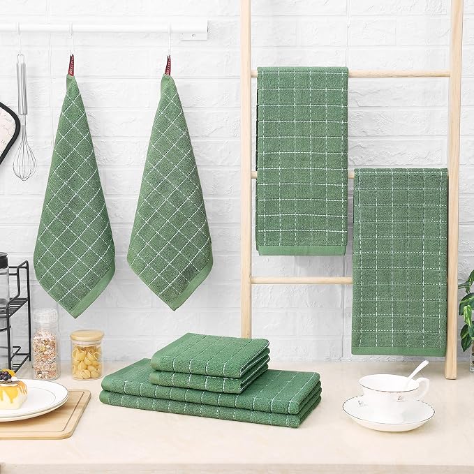 Homaxy Kitchen Towels and Dishcloths Set, 12 x 12 and 13 x 28 Inches, Set of 10 Bulk Cotton Terry Kitchen Towels Set, Checkered Designed, Soft and Super Absorbent Dish Towels, Grass Green