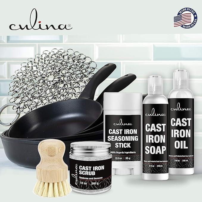 Culina Cast Iron Soap & stick & Conditioning Oil & Stainless Scrubber &Restoring Scrub & brush | All Natural Ingredients | Best for Cleaning, Non-stick Cooking & Restoring | for Cast Iron Cookware