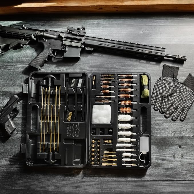 Elite Universal Gun Cleaning Kit for All Guns, Gun Brushes for Pistol Handgun Shotgun Rifle, Durable Brass Rods, 9mm Bore Rope, Oil Bottle, Brushes, Brass Jags, Carrying Case Gun Accessories for Men