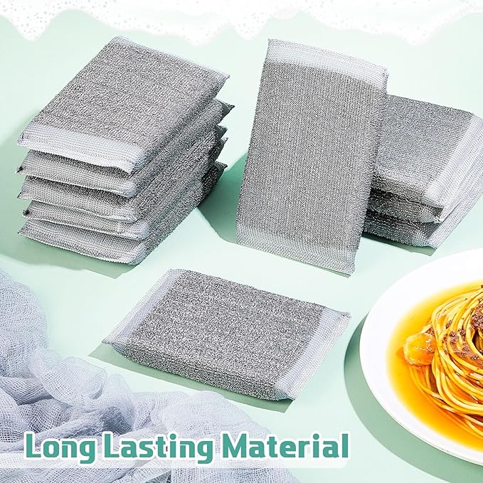 Thyle 12 Pack Steel Scrub Sponges for Dishes Non Scratch Scouring Multi Use Metal Scrubber Heavy Duty Dish Wash Kitchen Sponge for Pot Dish Washing Hard Surface Cleaning (Gray)