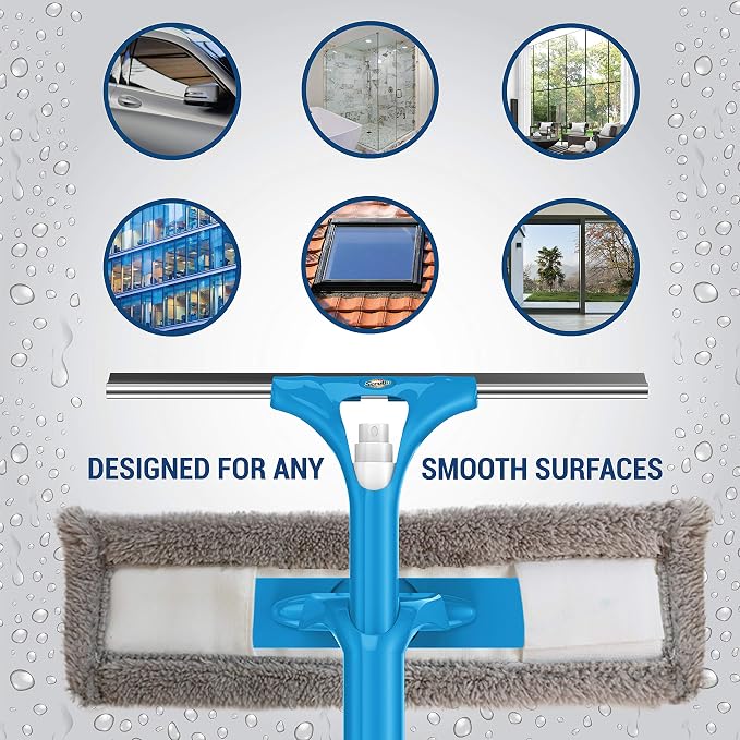 SCRUBIT Extendable Squeegee Window Cleaner- Window Cleaning Tool with Microfiber Scrubber & Spray Head - 58" Long Extension Pole for High Windows and Outdoor Glass Washing - Shower Cleaning Kit