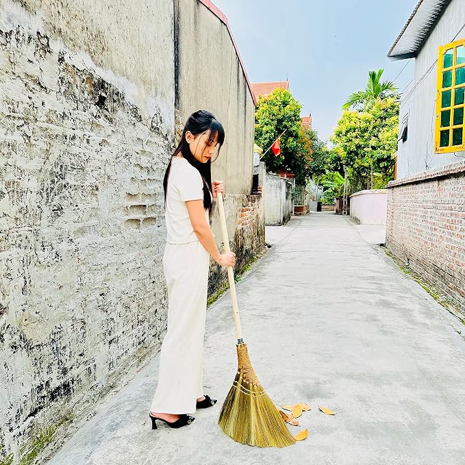 BMart Home Natural Whisk Broom – Vietnamese Straw Soft Broom for Indoor-Outdoor Cleaning, Yard, Sofa, Car Hood, Decoration, 54.72-Inch Long (Natural Handle)