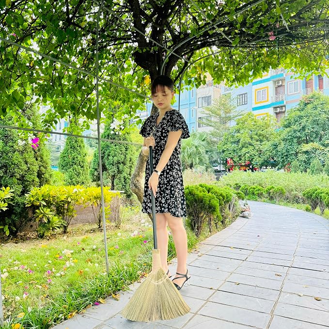 Vietnamese Broom 46.46inch Length - Brooms for Sweeping Indoor Outdoor - Black Long Wooden Handle Natural Soft Broom for Jumping, Weeding, Decoration