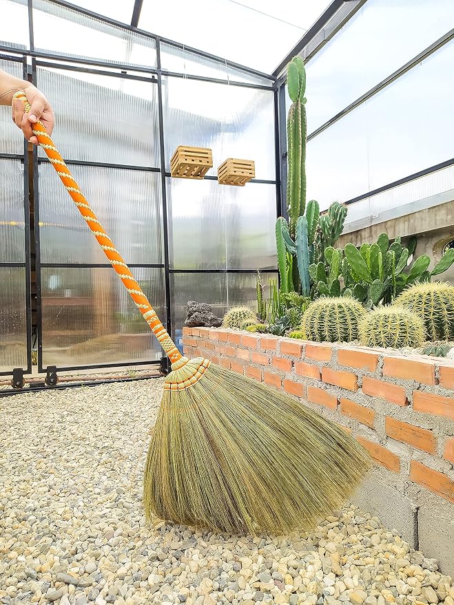 Asian Straw Broom Thai for Cleaning Floor,Housewarming Gift,Thai Vintage Retro Grass Broom Stick, Hardwood Sweeper with Brush Power and Circle Cleaning (Length 40 inch)