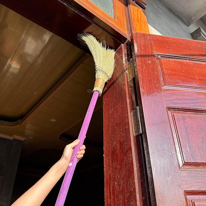 Vietnamese Straw Soft Broom - Sweeping Broom with Purple Wooden Handle for Cleaning, Decoration, Wedding with 45.28inch Length