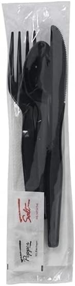 250 Plastic Cutlery Packets - Knife Fork Spoon Napkin Salt Pepper Sets | Black Silverware Sets Individually Wrapped Cutlery Kits, Bulk Plastic Utensil Cutlery Set Disposable To Go Silverware