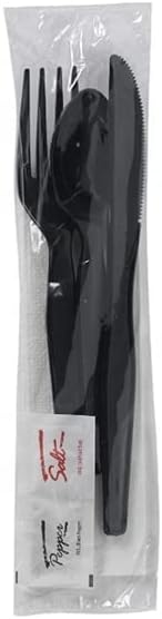 450 Plastic Cutlery Packets - Knife Fork Spoon Napkin Salt Pepper Sets | Black Silverware Sets Individually Wrapped Cutlery Kits, Bulk Plastic Utensil Cutlery Set Disposable To Go Silverware