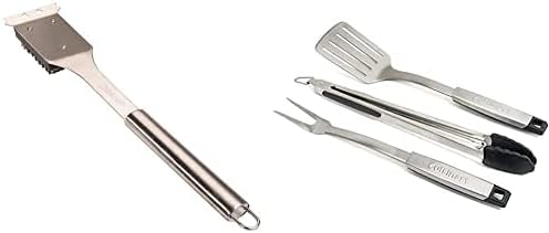 Cuisinart Grill Brush Bundle - Grill Cleaning Brush (Stainless Steel) & 3-Piece Professional Grill Tool Set (Black and Stainless Steel)