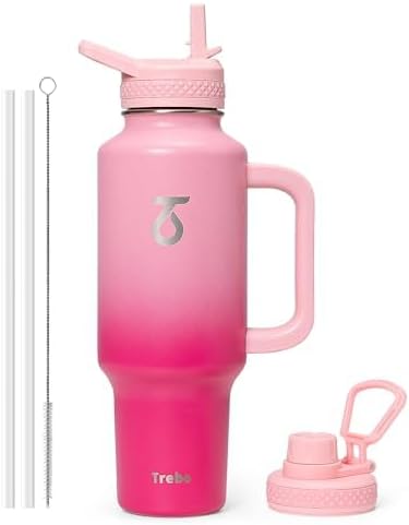 Trebo 40 oz Water Bottle Insulated with Handle, Leakproof Keep 24hrs Cold &Hot,Stainless Steel Travel Tumbler that Fits in Car Cup Holder with Straw Lids,Pink Reusable Water Bottles for women