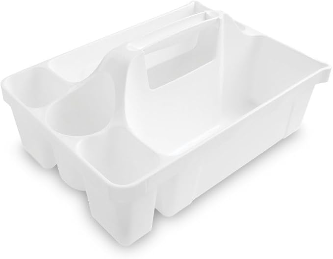 Libman Maid Caddy Cleaning Organizer, Heavy-Duty Janitorial Carry Caddy with Bottle Holders, Toilet Brush Holder & Tool Compartments, Commercial Cleaning Supply Tote (White)