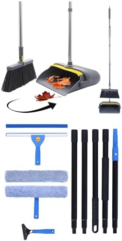 Ultimate Home Cleaning Bundle: Heavy Duty Upright Broom and Dustpan Set with Rotatable Head, 77.5" Extendable Window Squeegee Kit, 3-in-1 Microfiber Scrubber Floor Sweeper for RV, Kitchen, Car