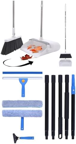 Ultimate Home Cleaning Bundle: Heavy Duty Upright Broom and Dustpan Set with Rotatable Head, 77.5" Extendable Window Squeegee Kit, 3-in-1 Microfiber Scrubber Floor Sweeper for RV, Kitchen, Car
