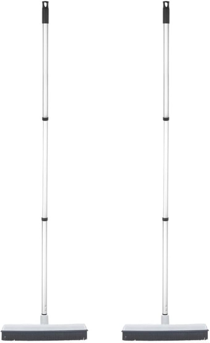 Rubber Bristle Floor Broom, Salon Squeegee & Rug Rake for Human Hair, Pet Hair, Fur, Lint, and Liquid, with 3-Part Handle, Grey, 2 Pack, by Superio