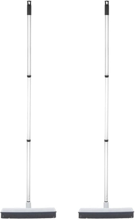 Rubber Bristle Floor Broom, Salon Squeegee & Rug Rake for Human Hair, Pet Hair, Fur, Lint, and Liquid, with 3-Part Handle, Grey, 2 Pack, by Superio