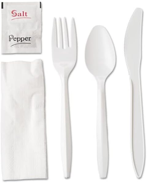 250 White Plastic Cutlery Packets - Knife Fork Spoon Napkin Salt Pepper Sets, Individually Wrapped Disposable Silverware