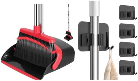 NACENA Broom and Dustpan Set & No Drill Self Adhesive Broom Mop Holder Wall Mount with Hooks 52-in Long Adjustable Handle Broom Dustpan Combo