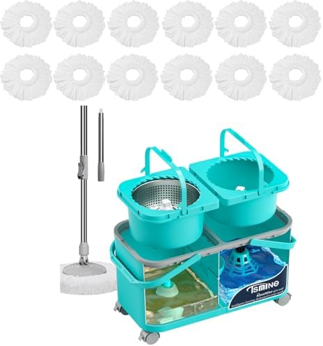 RinseWise Gen 2 Easy-Use Spin Mop,with 360 ° Swivel Wheels and 12 Pcs Mop Heads for Home & Kitchen Cleaning