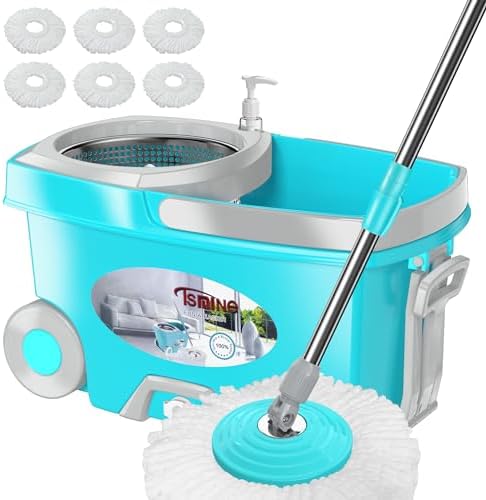 FunClean Spin Mop and Bucket,Mop and Bucket with Wringer Set for Home,360 Spinning Mopping Floor Cleaning Tool with 12 Microfiber Replacement Head Refills,61" Extended Handle, 2X Wheel - Blue