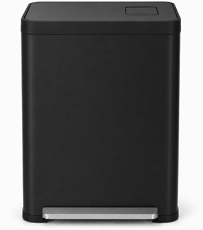 Home Zone Living 19 Gallon Kitchen Trash Can with Dual Compartments for Recycling, CleanAura Odor Control, Stainless Steel, Matte Black, 70 Liters Total