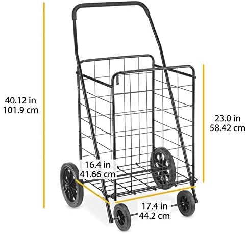 Whitmor Extra Large Utility Foldable Shopping Cart with Wheels, 100 Lb Capacity, Heavy Duty Grocery Cart with Steel Frame, Foam Handle, Rolling Collapsible Utility Trolley for Grocery, Laundry, Black