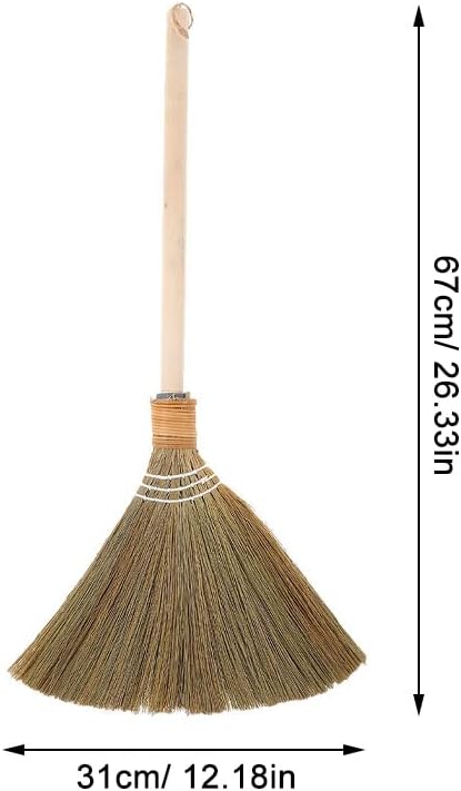 Healeved Handmade Asian Broom for Indoor Sweeping, 26" Short Handle Traditional Vietnamese Miscanthus Straw Broom with Hanging Cord, Soft Bristle Floor Sweeper for Hardwood, Tile and Dust Cleaning
