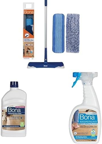Bona Premium Microfiber Floor Mop - Dual Zone, Dry and Wet Floor Cleaning + Hardwood Floor Polish 32 fl oz High Gloss Shine + PowerPlus Hardwood Floor Deep Cleaner Spray 32 fl oz - for Wood Floors