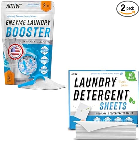 ACTIVE Enzyme Laundry Booster and Fresh Linen Laundry Detergent Sheets - Includes 80 Loads of Detergent Sheets and 64 Loads of Laundry Detergent Boosting Powder